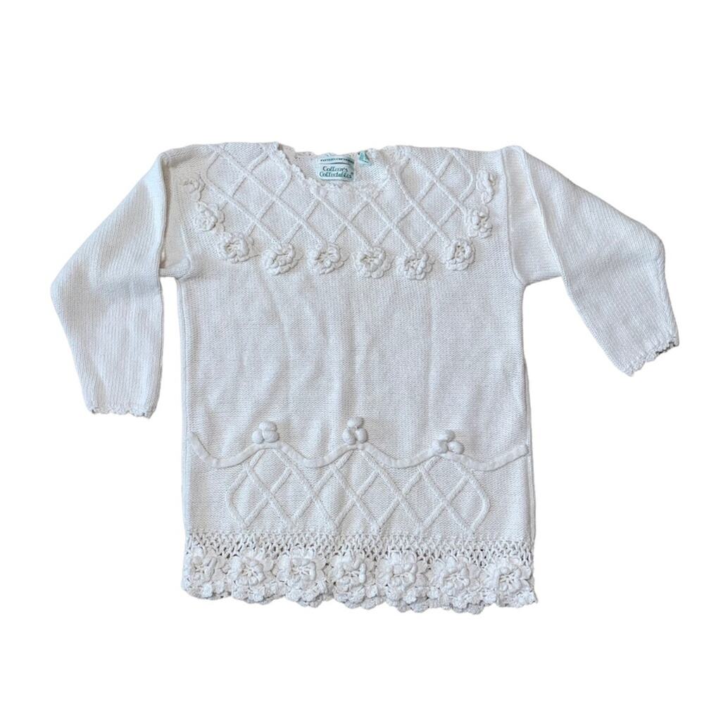 Vintage Chunky Knit embroidered Cream Beige Sweater crochet lace roses large
